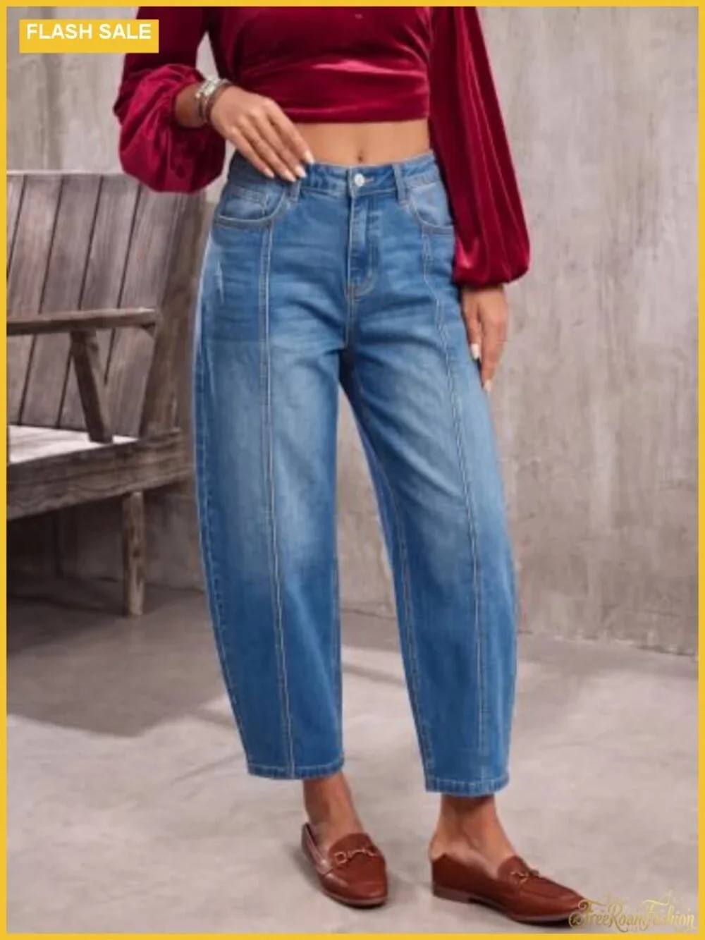 Women's Mid Rise Barrel Jeans Cropped Wide Leg Stretchy Denim Pants Y2K